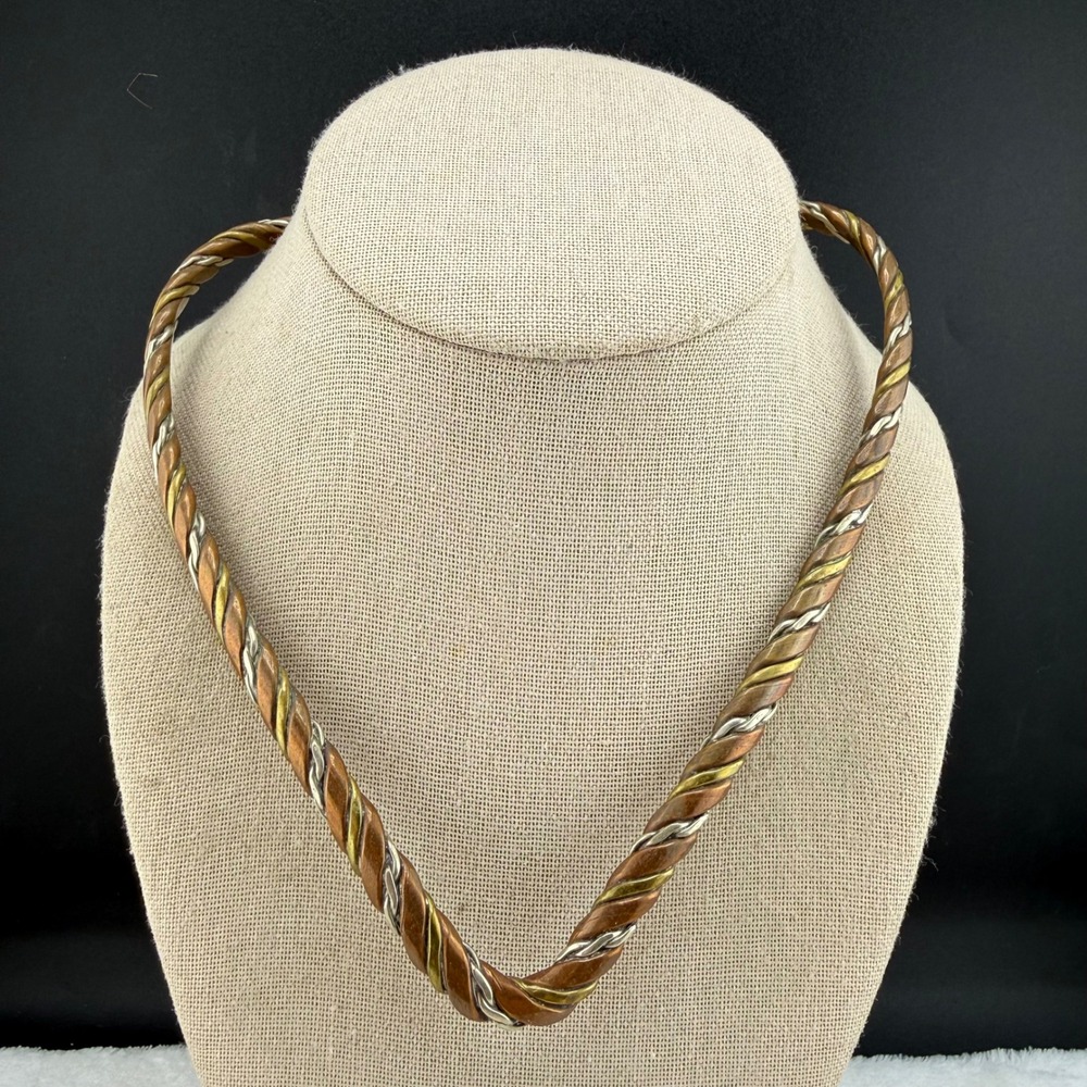 Vintage Torque Collar Necklace Mixed Metal Copper Brass Silver Tone OS